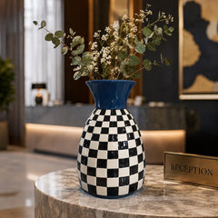 Modern Blue & Black Checkered Ceramic Vase