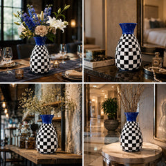 Modern Blue & Black Checkered Ceramic Vase