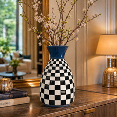 Modern Blue & Black Checkered Ceramic Vase