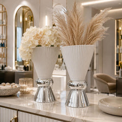 Modern White Ceramic Vase with Chrome Base