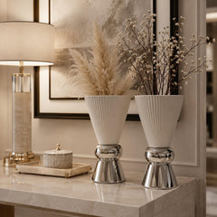 Modern White Ceramic Vase with Chrome Base