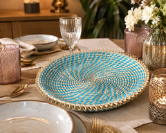 Handwoven Round Seagrass & Coated Thread Flat Basket