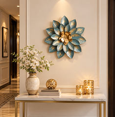 Elegant Blue & Gold Metal Flower Wall Decor